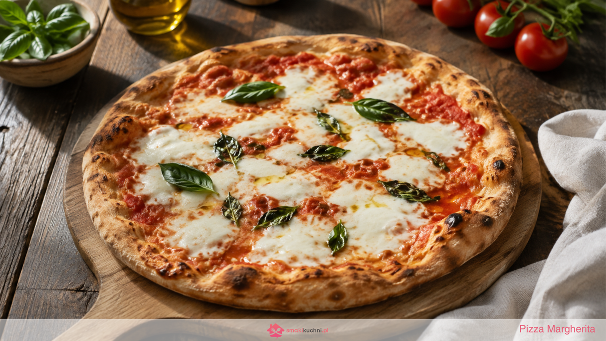 Pizza Margherita na drewnianej desce z roztopioną mozzarellą, sosem pomidorowym i świeżą bazylią
