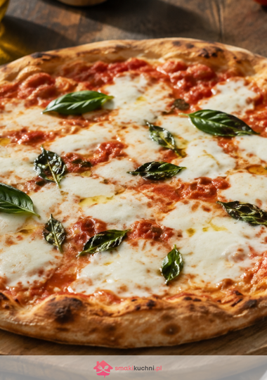 Pizza Margherita na drewnianej desce z roztopioną mozzarellą, sosem pomidorowym i świeżą bazylią