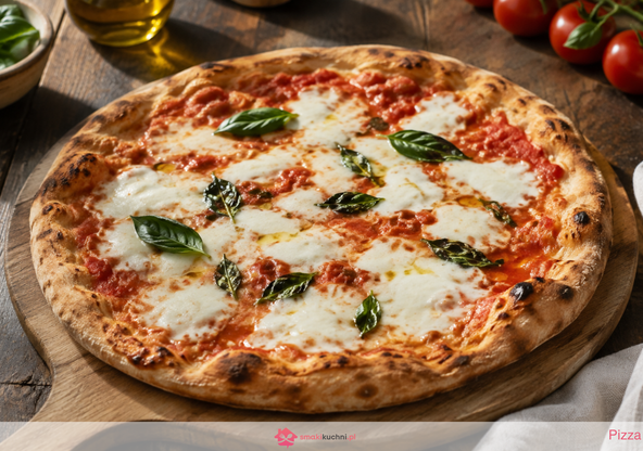 Pizza Margherita na drewnianej desce z roztopioną mozzarellą, sosem pomidorowym i świeżą bazylią