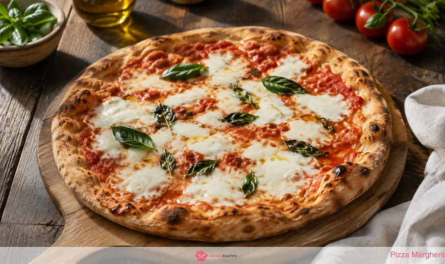 Pizza Margherita na drewnianej desce z roztopioną mozzarellą, sosem pomidorowym i świeżą bazylią